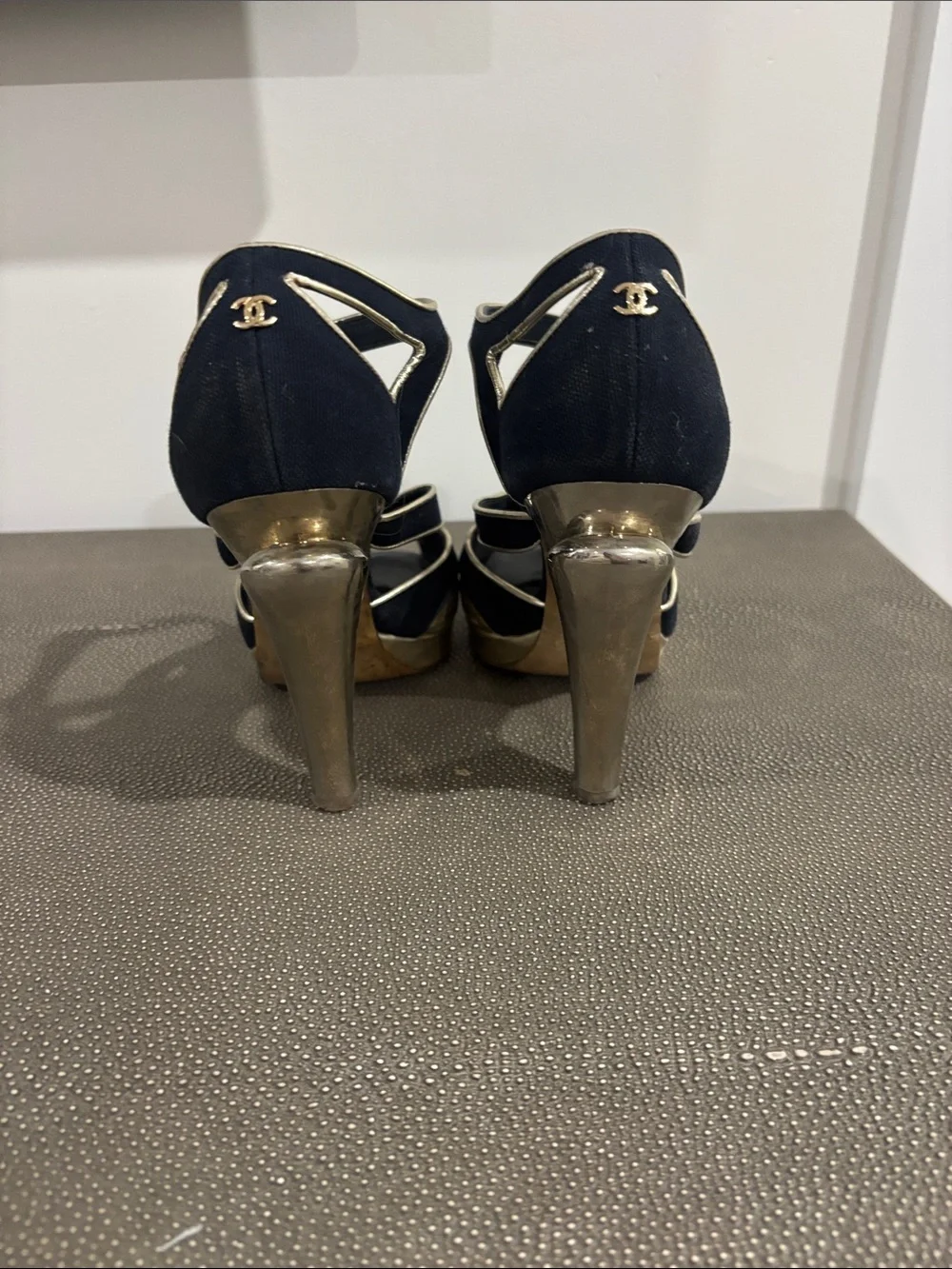 CHANEL Black and Gold Peep-Toe Platform Heels with Ankle Strap
